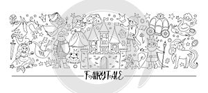 Vector black and white horizontal border set with cute fairy tale characters and objects. Line fairytale card template design with