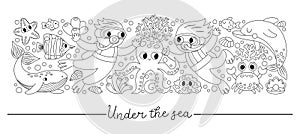 Vector black and white horizontal under the sea border set with fish, divers. Line ocean card template design or coloring page.