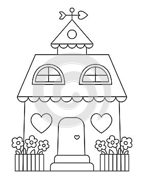 Vector black and white house with heart shaped windows, flowers, weathervane. Line home clipart. Cute cottage outline illustration