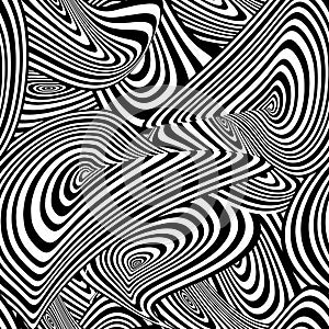 Vector Black and White Hypno Seamless Pattern, Geometric abstract Shapes, Curve Stripes.