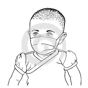 Vector black and white illustration of baby in t-shirt with medical mask on face