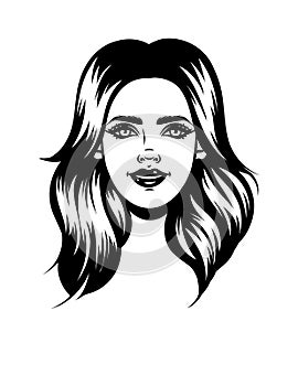 Vector black and white illustration of a beautiful girl`s face isolated from white background.