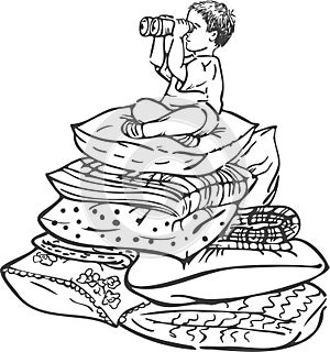 Vector black and white illustration of a boy sittings on a pile of pillows with binoculars.
