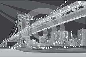 Vector black and white illustration of Brooklyn Bridge in New York City