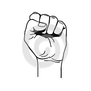 Vector black and white illustration of clenched fist held high