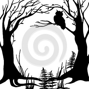 Vector black and white illustration, frame. fabulous, magical forest. silhouette of trees, herbs, silhouette of an owl sitting on