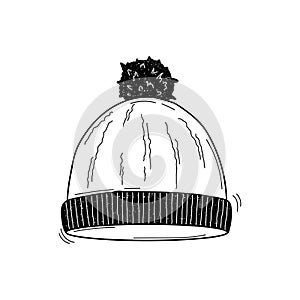 Vector black and white illustration of knitted hat with pompom in sketch style isolated on white background