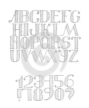 Vector black and white illustration with light english alphabet sequence from a to z and digits from 0 to 9 and punctuation