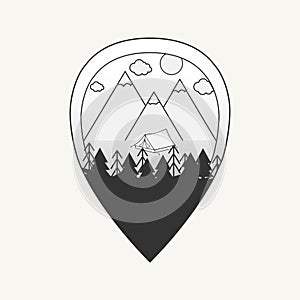 Vector black and white illustration of map pin with mountains, tent and forest.