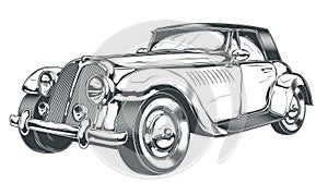 Vector black and white illustration of retro car in engraving style