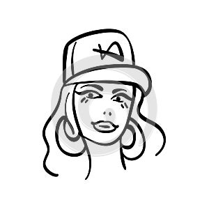 Vector black and white image of a young girl with tattoos. Vector logo hipster girl.