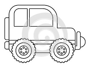 Vector black and white jeep car. Funny line off-road automobile for kids. Cute vehicle clip art. Retro transport icon isolated on