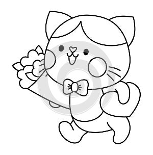 Vector black and white kawaii cat boy going to date with flowers. And candies. Line kitty clipart or icon. Cute kitten