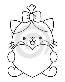 Vector black and white kawaii cat girl sitting with heart. Line kitty isolated clipart or icon. Cute kitten outline illustration.