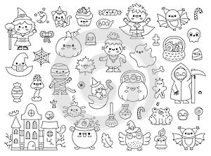 Vector black and white kawaii Halloween clipart set for kids. Cute line Samhain party coloring page. Scary collection with jack-o-