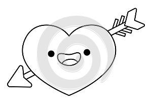 Vector black and white kawaii heart icon with arrow. Line love symbol isolated clipart. Cute outline illustration. Funny Saint