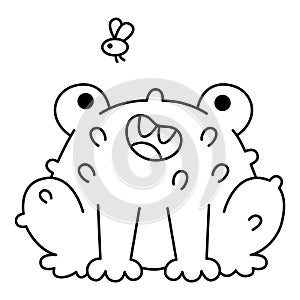 Vector black and white kawaii toad with fly. Cute smiling Halloween line character for kids. Funny autumn all saints day cartoon