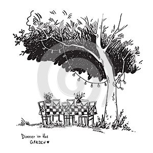 Vector black and white line drawing of a cosy dinner table set up in a garden under the tree