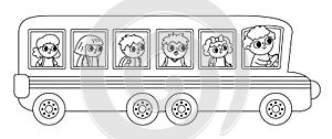 Vector black and white long school bus with driver and passengers. Back to school educational clipart. Flat public transport car.