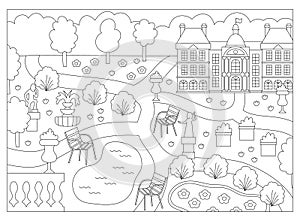 Vector black and white Luxembourg garden in Paris landscape illustration. French capital city park line scene with palace, benches