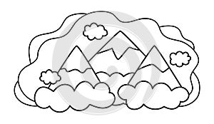 Vector black and white magic mountains landscape. Fairytale world line concept with hills and clouds. Fantasy outdoor outline