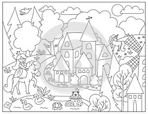 Vector black and white Medieval village landscape with princess and unicorn. Magic kingdom coloring page. Stone and wooden line