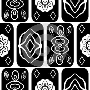 Vector black and white mexican tile style seamless pattern background. Modern geometric backdrop with rounded rectangles