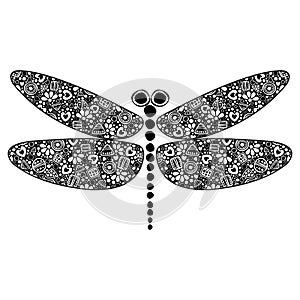 Vector black and white ornamental decorative illustration of dragonfly