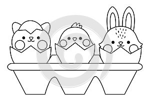 Vector black and white packaging with eggs and hatching kawaii animals. Easter line illustration with cute cat, chick and bunny