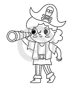 Vector black and white pirate girl icon. Cute female sea captain line illustration. Treasure island outline hunter with cocked hat