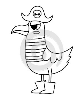 Vector black and white pirate seagull icon. Cute line sea bird illustration. Treasure island hunter in stripy shirt, cocked hat.