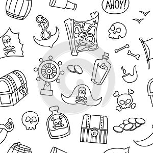 Vector black and white pirate seamless pattern. Cute sea adventures symbols repeat background. Line treasure island digital paper