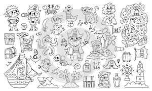 Vector black and white pirate set. Cute line sea adventures icons collection. Treasure island illustrations with ship, captain,