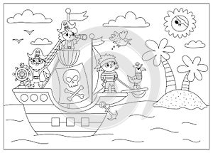 Vector black and white pirate ship scene. Line raider vessel with pirates sailing to the treasure island with palm trees. Treasure