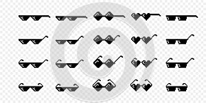 Vector Black and White Pixel Boss Glasses Icon Set in 8 bit Retro Style. Summer Meme Game Thug Design, Mafia Gangster