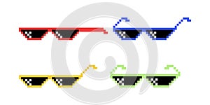 Vector Black and White Pixel Boss Glasses Icon Set in 8 bit Retro Style. Summer Meme Game Thug Design, Mafia Gangster