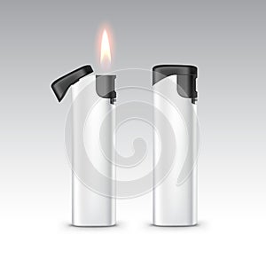 Vector Black White Plastic Lighters with Flame on Background