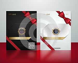 Vector black and white plastic vip card presentation golden frame. Membership or discount card. Luxury club ticket silver coupon.