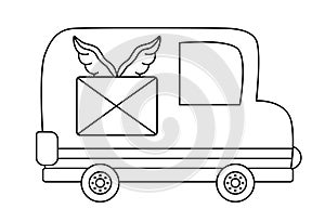 Vector black and white post truck. Funny line transportation for kids. Cute vehicle for delivering mail clip art. Special