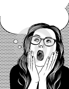 Vector Black and white poster of woman`s face in shock emotions.