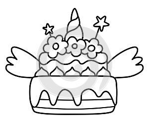 Vector black and white rainbow colored cake with unicorn horn, stars and wings. Fairytale themed birthday dessert. Cute magic