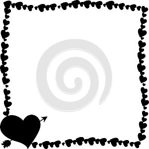 Black vintage border made of hearts with arrow pierced heart silhouette in corner