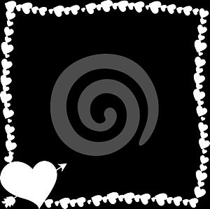 Monochrome vintage border made of hearts with arrow pierced heart silhouette in corner