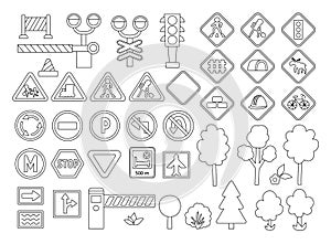 Vector black and white road signs set. Railway and traffic street line icons collection with barrier, semaphore, construction