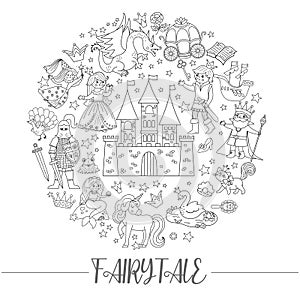 Vector black and white round frame with fairy tale characters, objects. Fairytale line card template design for banners,
