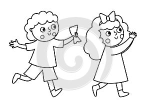 Vector black and white running little boy with ticket in hand and girl clapping hands. Outline kids looking forward to see show or