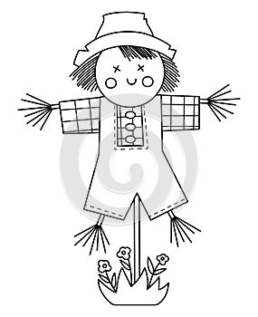 Vector black and white scarecrow isolated on white background. Outline spring garden bugaboo illustration. Gardening equipment