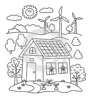 Vector black and white scene with eco house, wind turbines, solar panels. Environment friendly home line concept with trees.