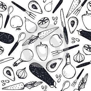 Vector black and white seamless food pattern. Vegetables, forks, knifes, spoons