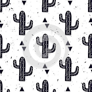 Vector black and white seamless pattern with cactuses and triangles